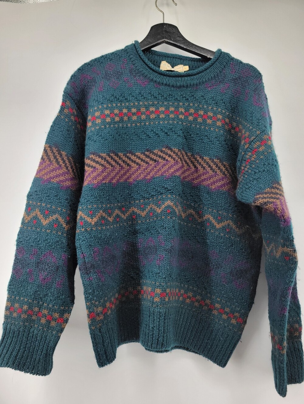L.L. Bean Fair Isle wool sweater geometric, Aztec-style knit pattern Large